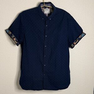 Cactus man-  Navy and white polkadotButton Down Shirt with Floral Trim- Large